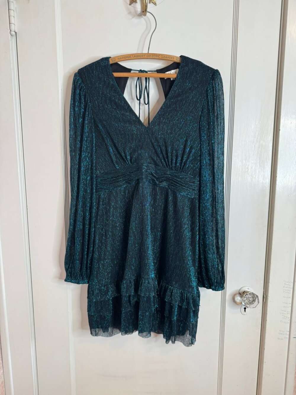 Mila Mae Blue & Black Sparkle Short Ruffle Long Sleeve Low Back Short Dress sz L